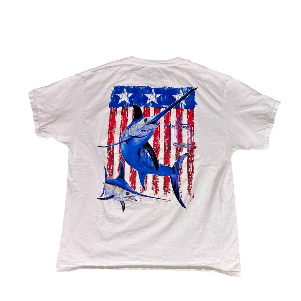 Y2K Guy Harvey Tee Marlins USA Flag White‎ Pocket Tee Short Sleeve Men's Large